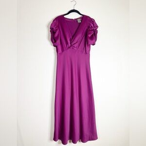 JUST...TAYLOR magenta satin ruched sleeve maxi dress 8